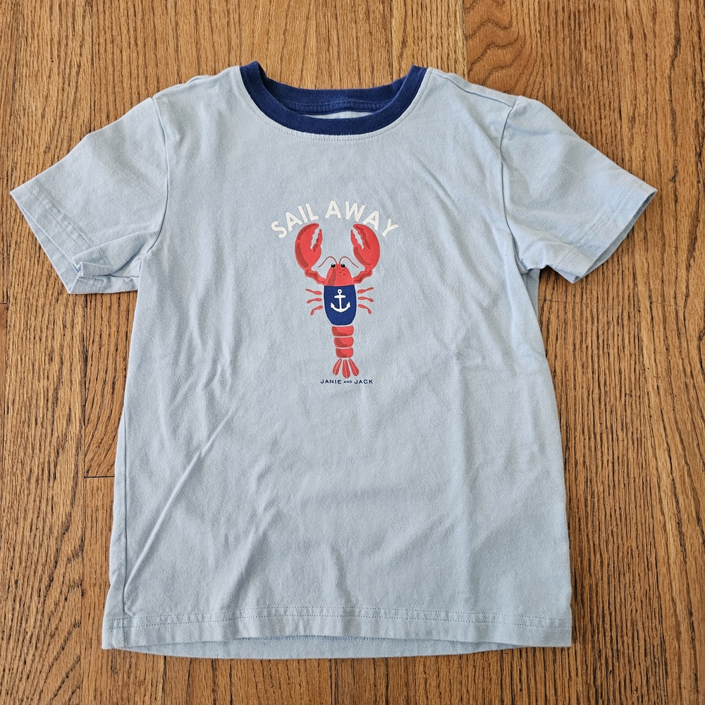 Janie and Jack Light Blue Tee with Red Lobster Toddler Boys Size 4